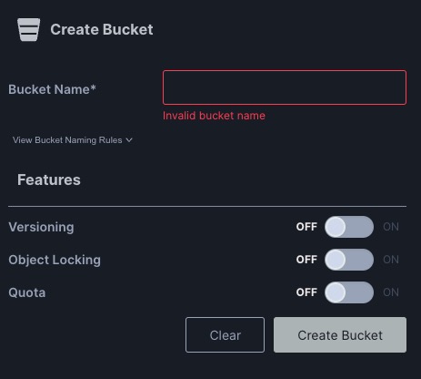 MinIO Creating Bucket Screen