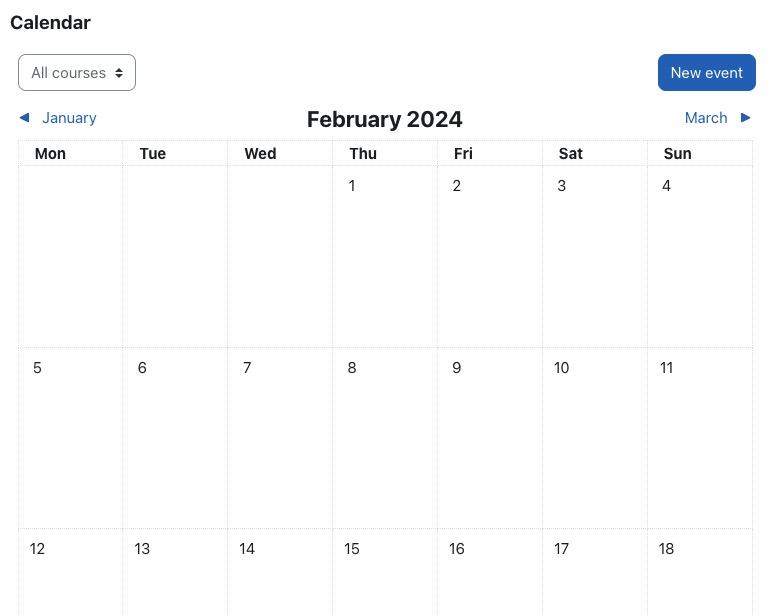 Moodle Calendar Screen