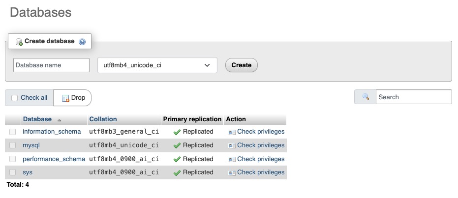 MySQL databases screen