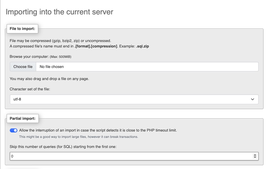 MySQL import screen