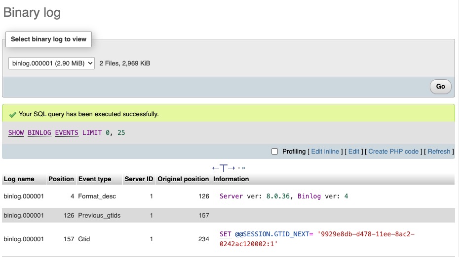 MySQL log screen