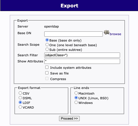 OpenLDAP export screen
