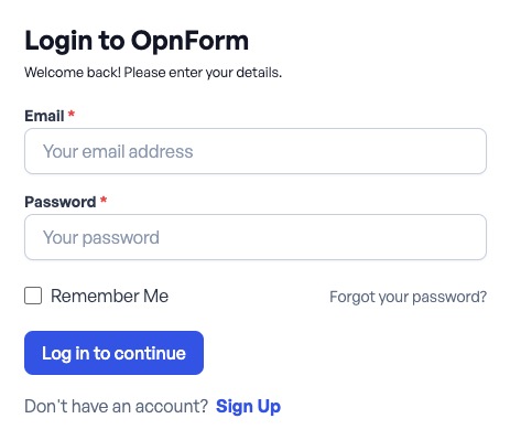 OpnForm login screen