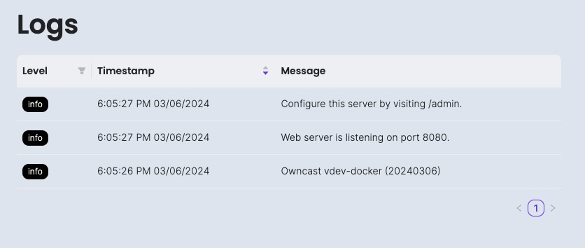 Owncast logs screen