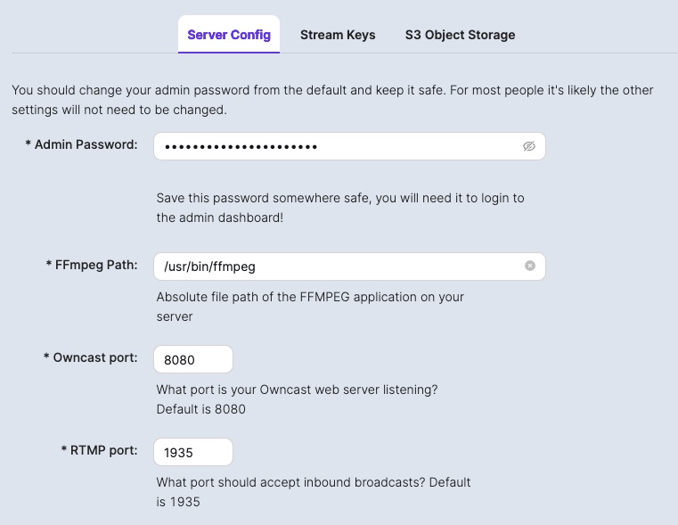 Owncast Server Configurations screen