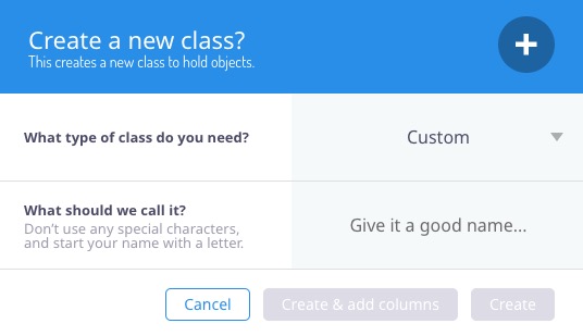 Parse Creating class screen