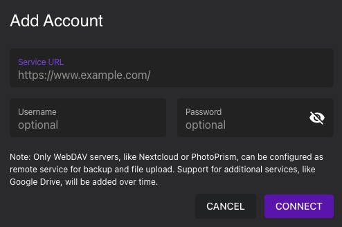 PhotoPrism account screen