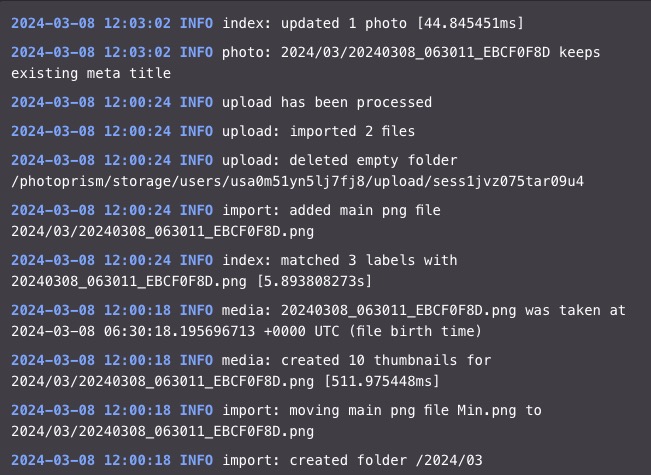 PhotoPrism logs screen