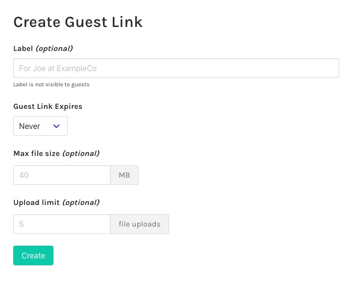 PicoShare creating guest link screen