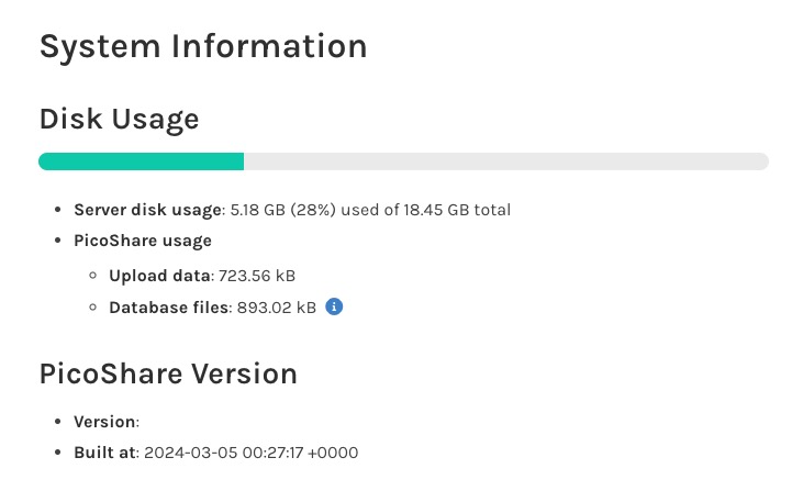 PicoShare system information screen