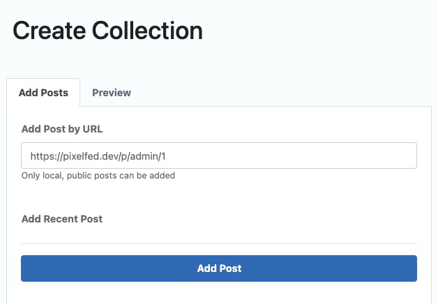 Pixelfed creating collection screen