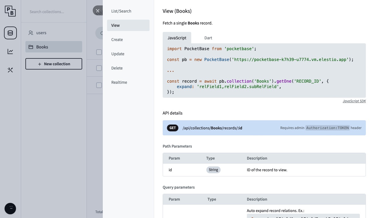 PocketBase api preview screen