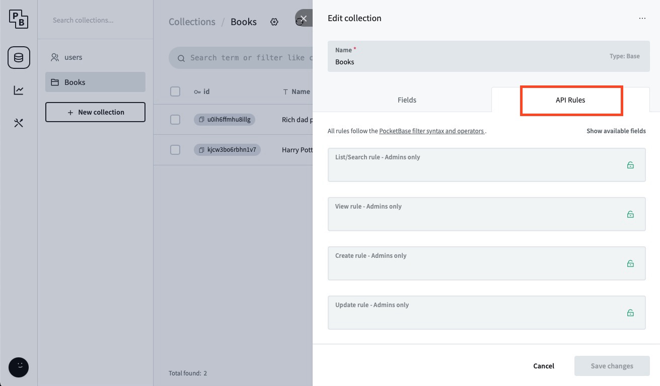 PocketBase api rules screen