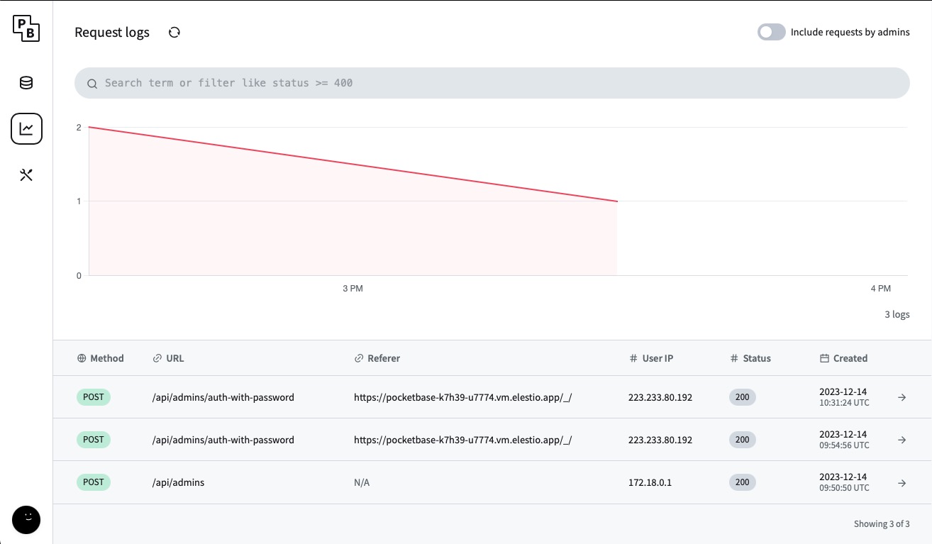 PocketBase logs screen