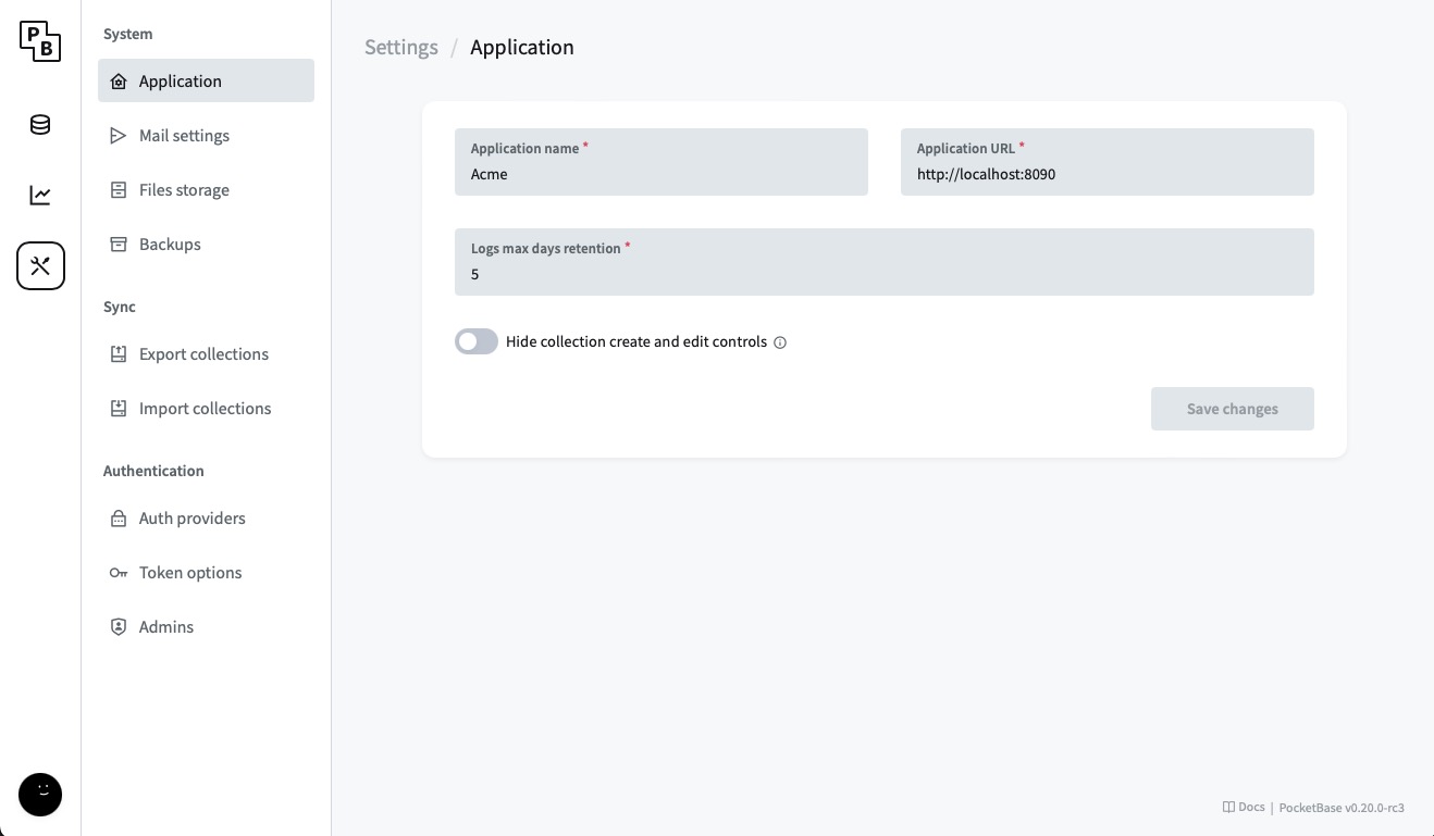 PocketBase application settings screen