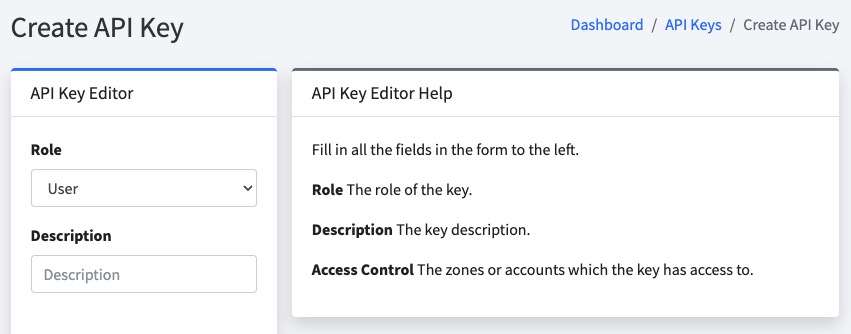 PowerDNS creating API Key screen