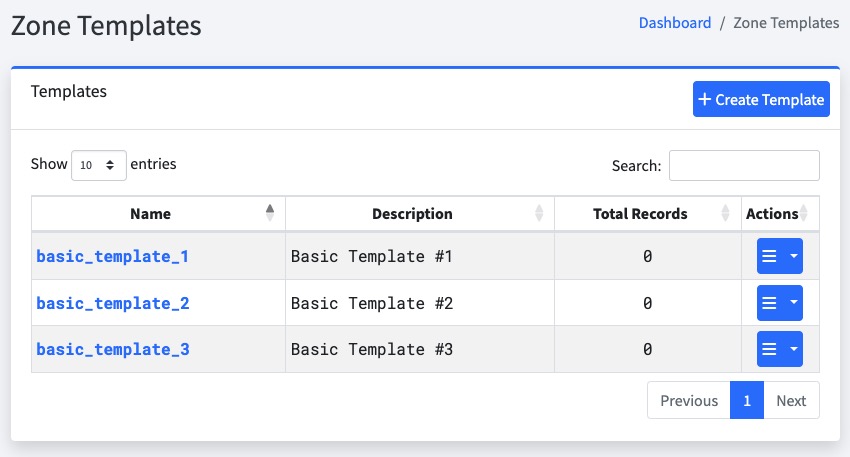 PowerDNS zone templates screen