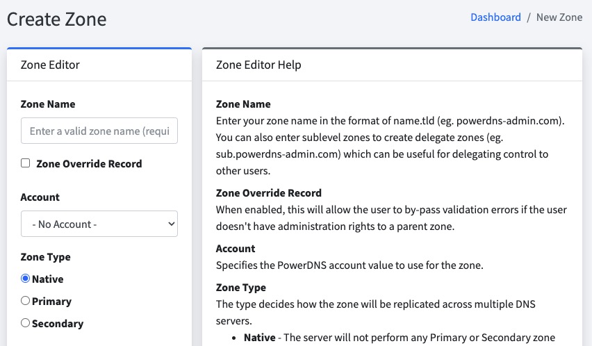 PowerDNS creating zone screen