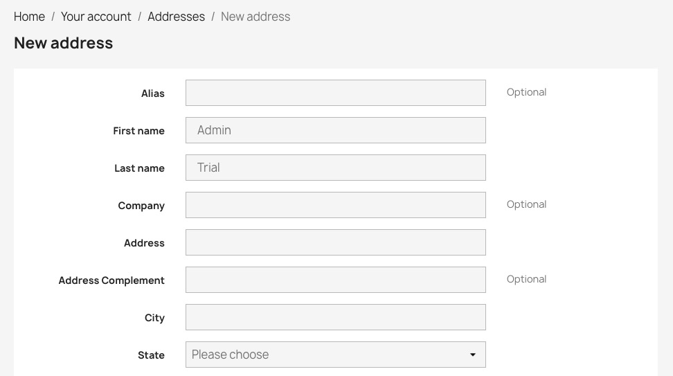 Prestashop address screen