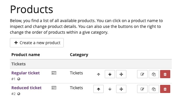 Pretix Creating products screen