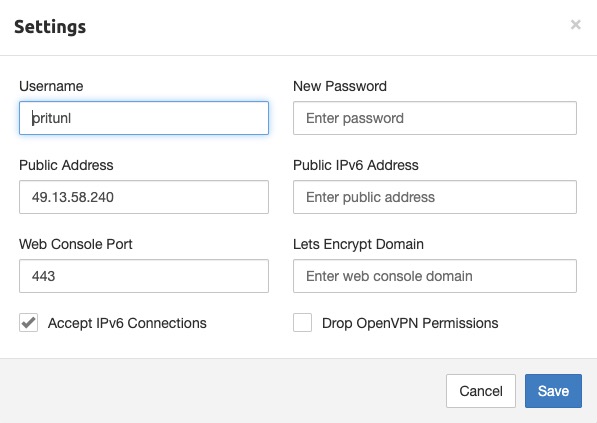 Pritunl settings screen