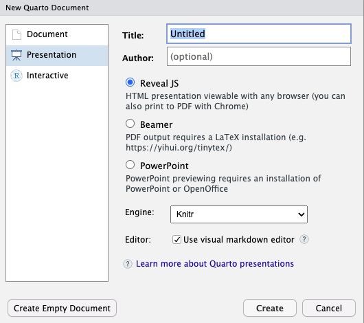 RStudio quarto screen