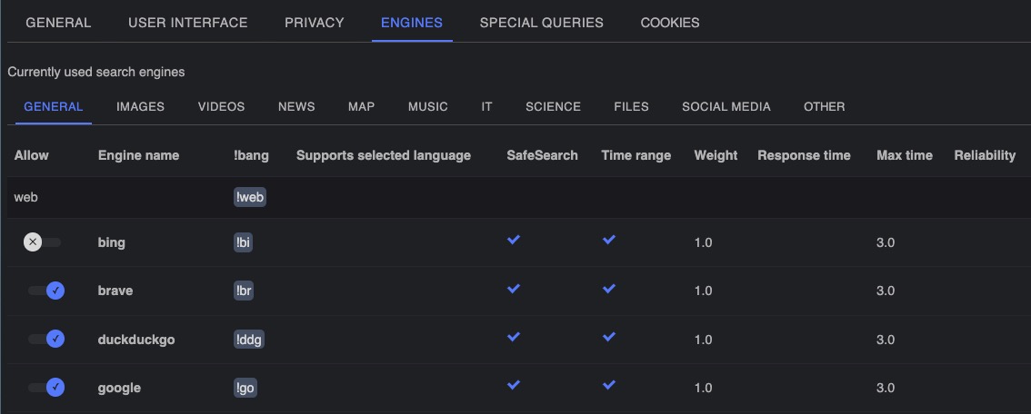 Searxng engines preferences screen