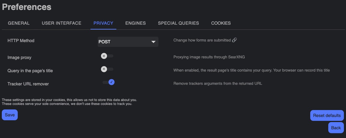 Searxng privacy preferences screen