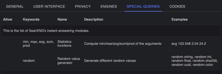 Searxng special queries preferences screen