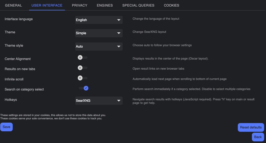 Searxng ui preferences screen