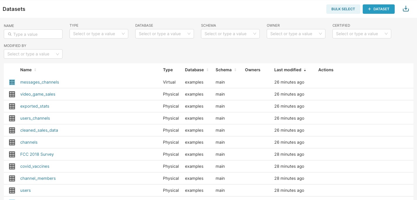 Superset datasets screen